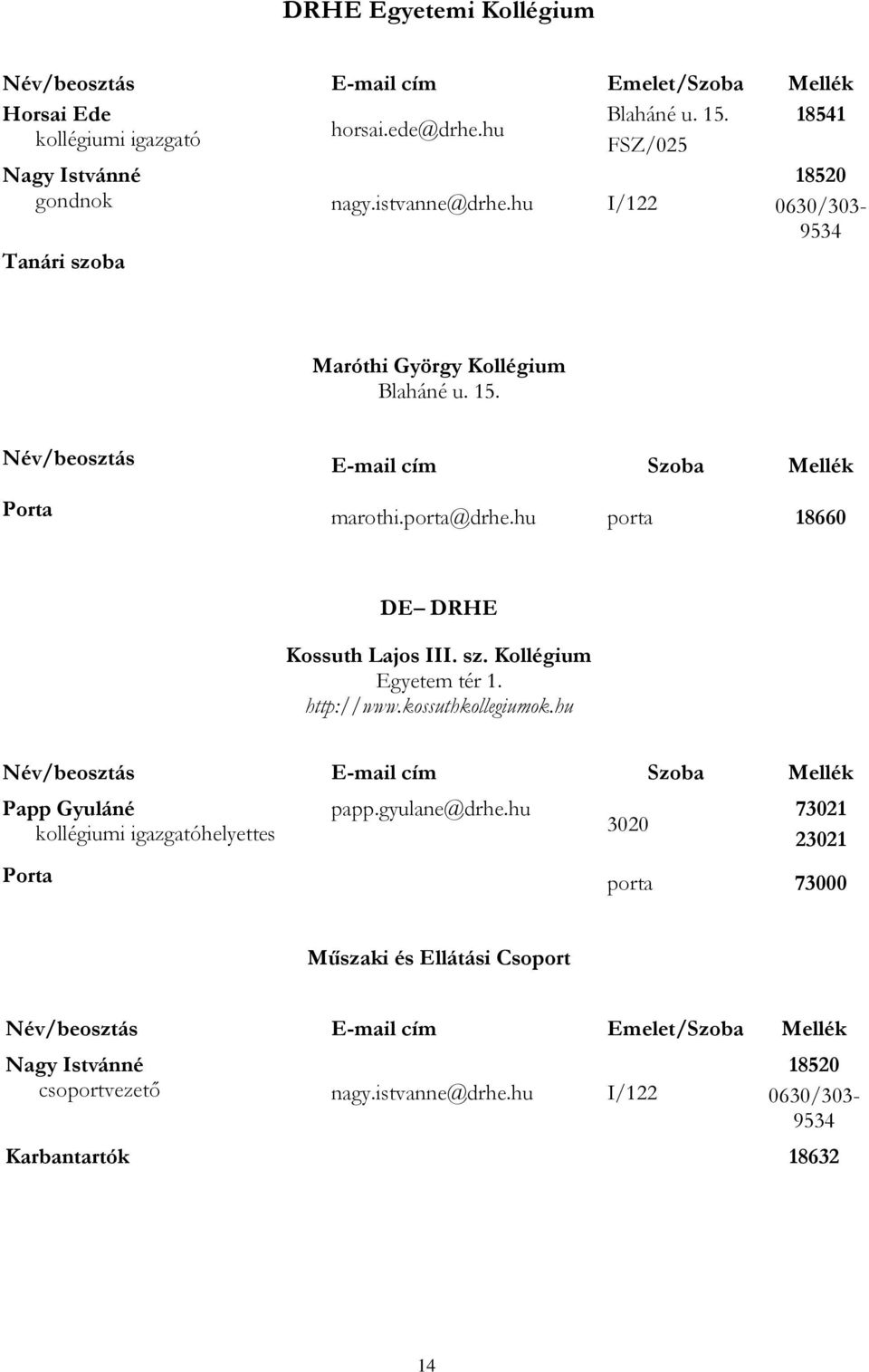 hu porta 18660 DE DRHE Kossuth Lajos III. sz. Kollégium Egyetem tér 1. http://www.kossuthkollegiumok.