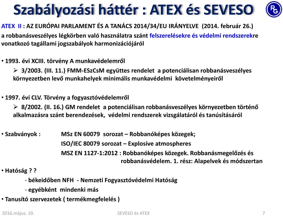 (III. 11.) FMM-ESzCsM együttes rendelet a potenciálisan robbanásveszélyes környezetben levő munkahelyek minimális munkavédelmi követelményeiről 1997. évi CLV. Törvény a fogyasztóvédelemről 8/2002.