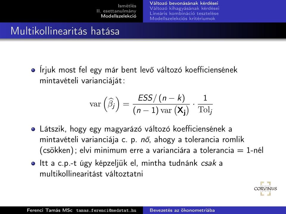 koefficiensének a mintavételi varianciája c. p.