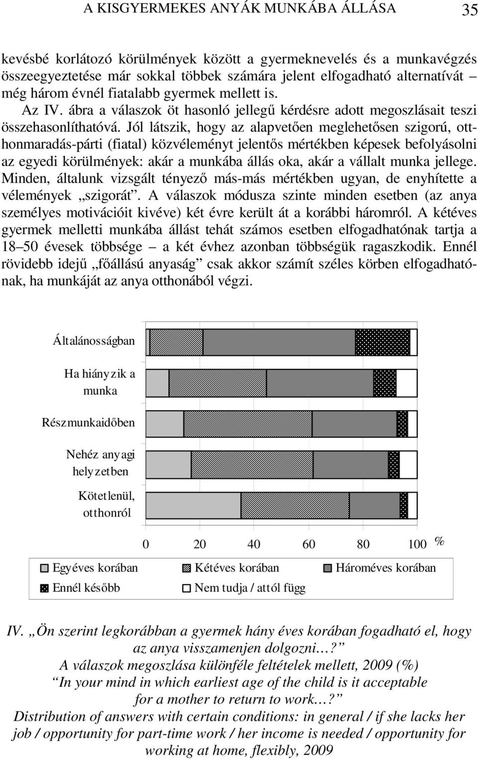 Jól látszik, hogy az alapvetően meglehetősen szigorú, otthonmaradás-párti (fiatal) közvéleményt jelentős mértékben képesek befolyásolni az egyedi körülmények: akár a munkába állás oka, akár a vállalt