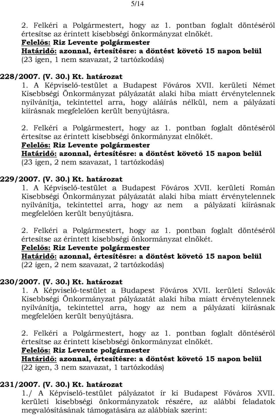 kerületi Német Kisebbségi Önkormányzat pályázatát alaki hiba miatt érvénytelennek nyilvánítja, tekintettel arra, hogy aláírás nélkül, nem a pályázati kiírásnak megfelelően került benyújtásra. 2.
