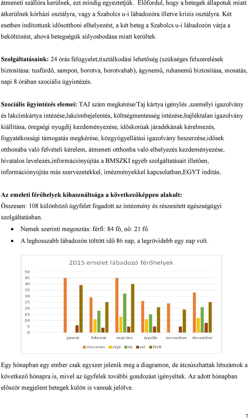 Szolgáltatásaink: 24 órás felügyelet,tisztálkodási lehetőség (szükséges felszerelések biztosítása: tusfürdő, sampon, borotva, borotvahab), ágynemű, ruhanemű biztosítása, mosatás, napi 8 órában