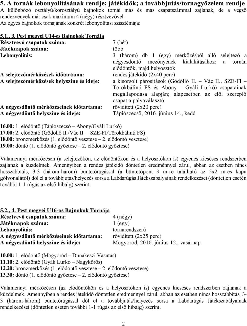 Pest megyei U14-es Bajnokok Tornája 7 (hét) több 3 (három) db mérkőzésből álló selejtező a négyesdöntő mezőnyének kialakításához; a tornán elődöntők, majd helyosztók A selejtezőmérkőzések időtartama: