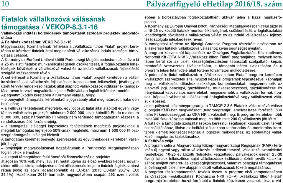 1-16 Magyarország Kormányának felhívása a Vállalkozz Itthon Fiatal projekt keretében felkészített fiatalok által megalapított vállalkozások induló költségei támogatása céljából.