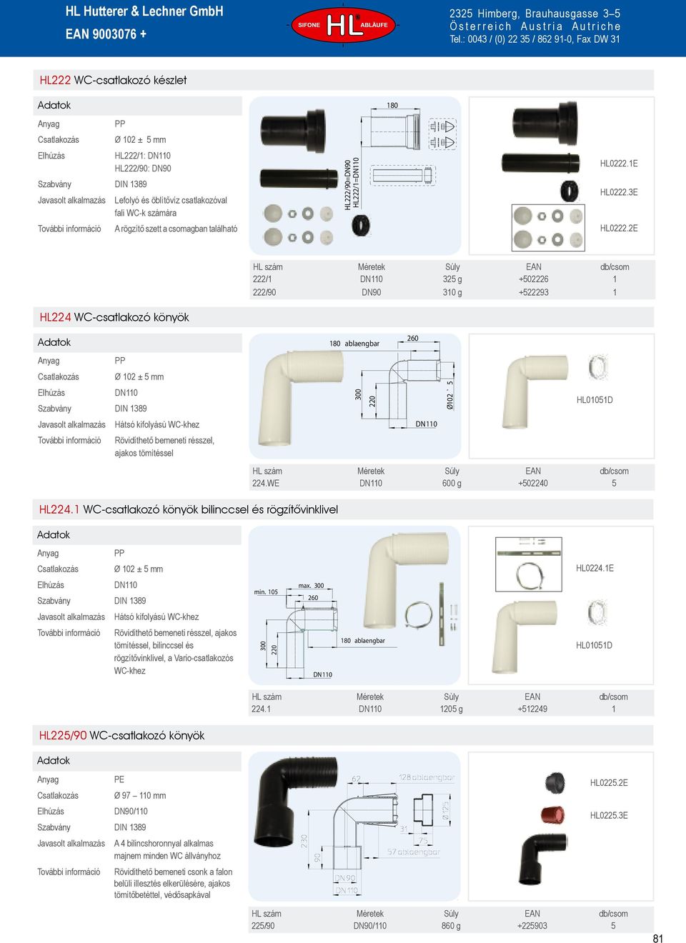 WE 600 g +502240 5 HL224.1 WC-csatlakozó könyök bilinccsel és rögzító vinklivel HL0224.1E min. 105 max.