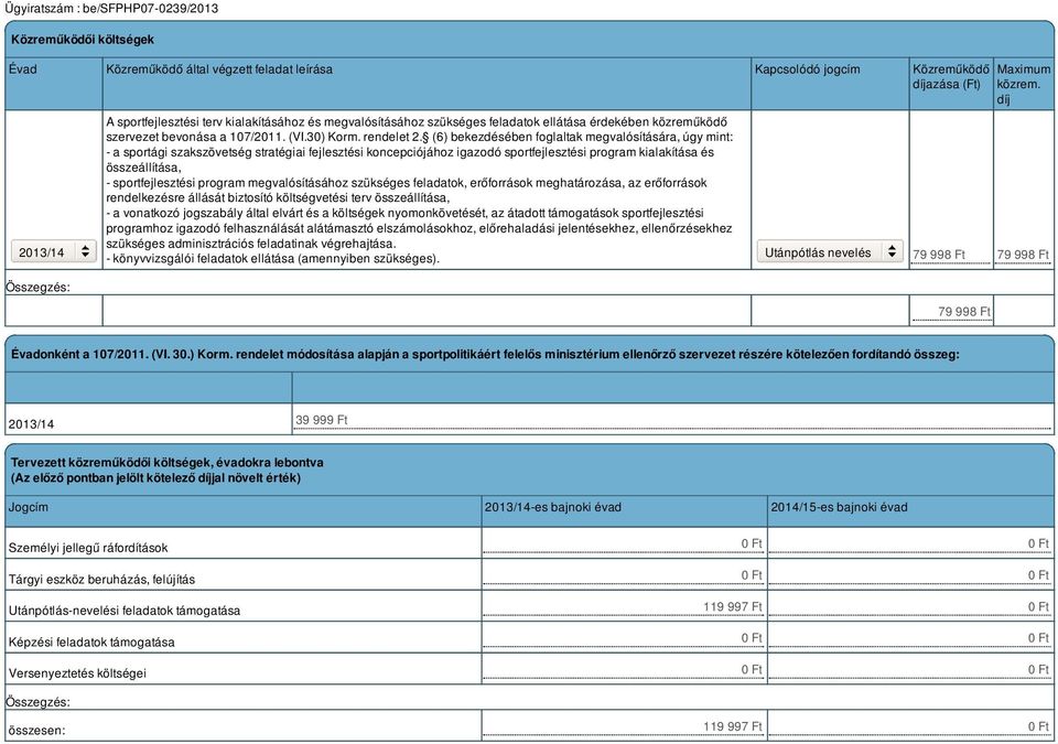 (6) bekezdésében foglaltak megvalósítására, úgy mint: - a sportági szakszövetség stratégiai fejlesztési koncepciójához igazodó sportfejlesztési program kialakítása és összeállítása, -