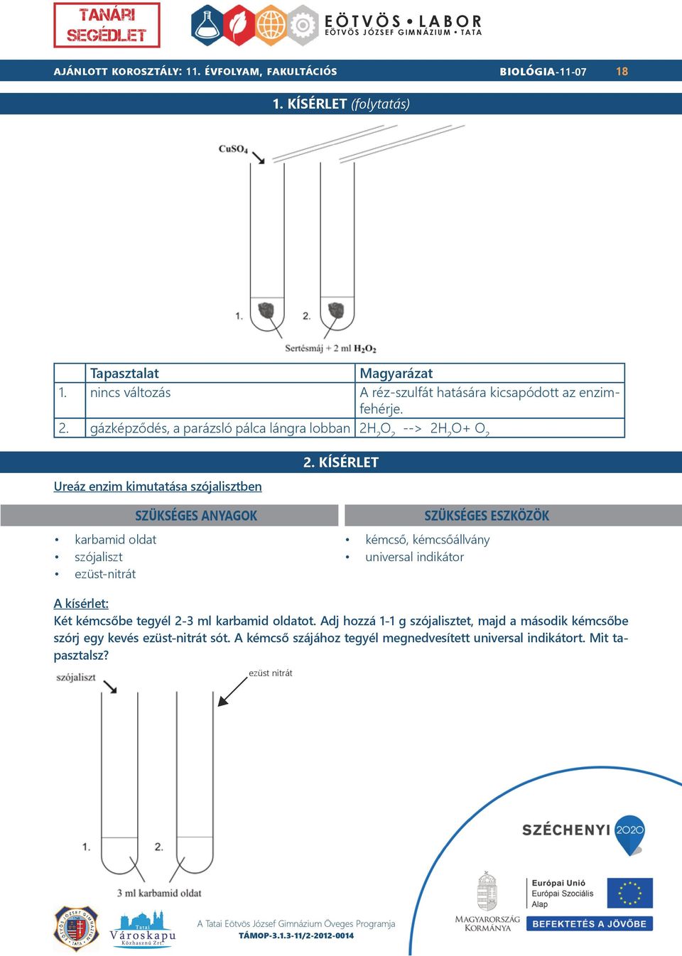 KÍSÉRLET karbamid oldat szójaliszt ezüst-nitrát kémcső, kémcsőállvány universal indikátor A kísérlet: Két kémcsőbe tegyél 2-3 ml karbamid