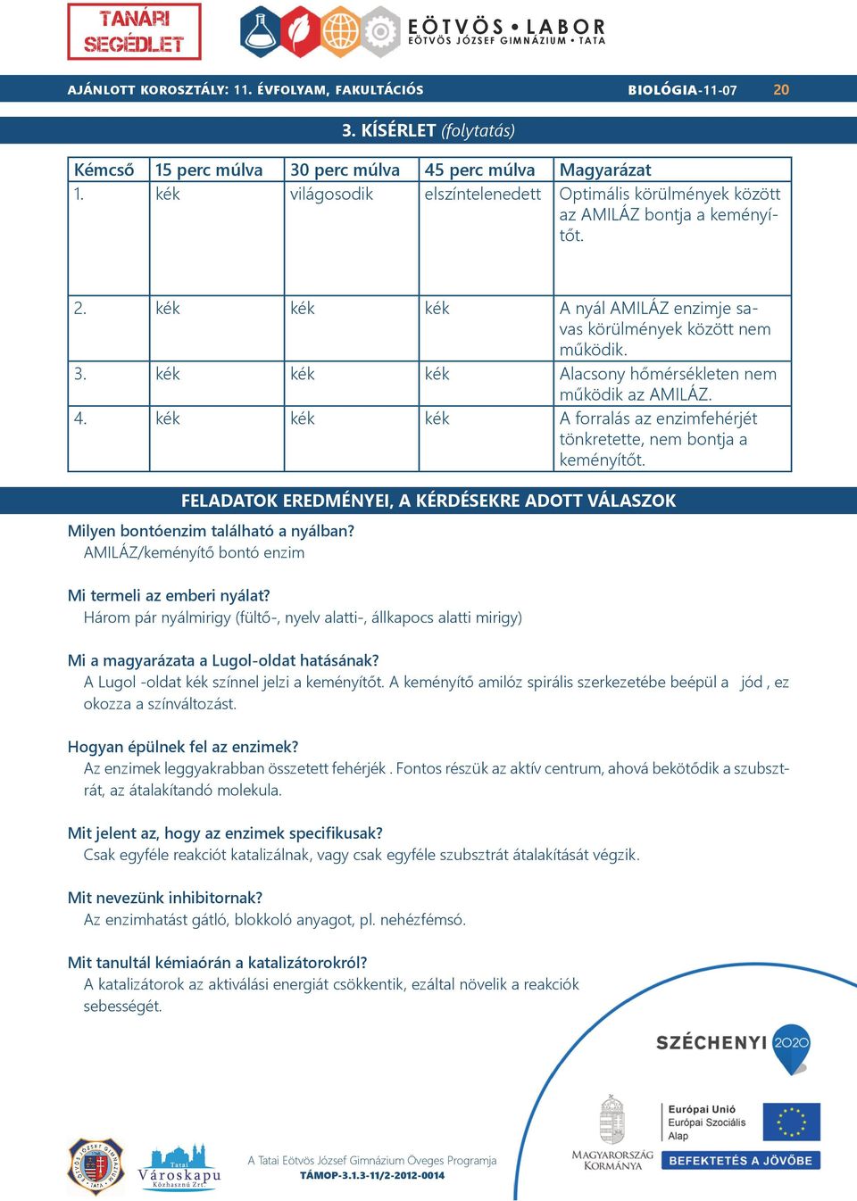 FELADATOK EREDMÉNYEI, A KÉRDÉSEKRE ADOTT VÁLASZOK Milyen bontóenzim található a nyálban? AMILÁZ/keményítő bontó enzim Mi termeli az emberi nyálat?