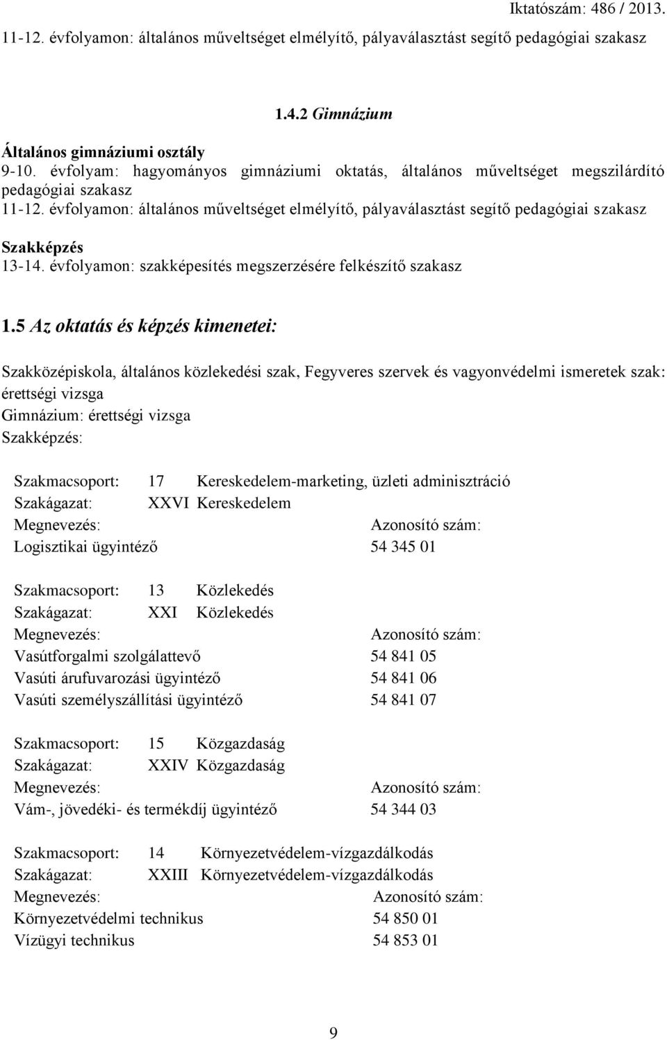 évfolyamon: általános műveltséget elmélyítő, pályaválasztást segítő pedagógiai szakasz Szakképzés 13-14. évfolyamon: szakképesítés megszerzésére felkészítő szakasz 1.