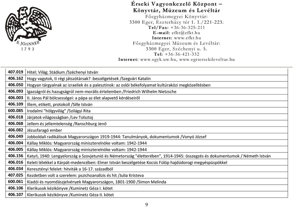 János Pál bölcsességei: a pápa az élet alapvető kérdéseiről 406.109 Illem, etikett, protokoll /Sille István 600.085 Irodalmi "hölgyvilág" /Szilágyi Rita 406.