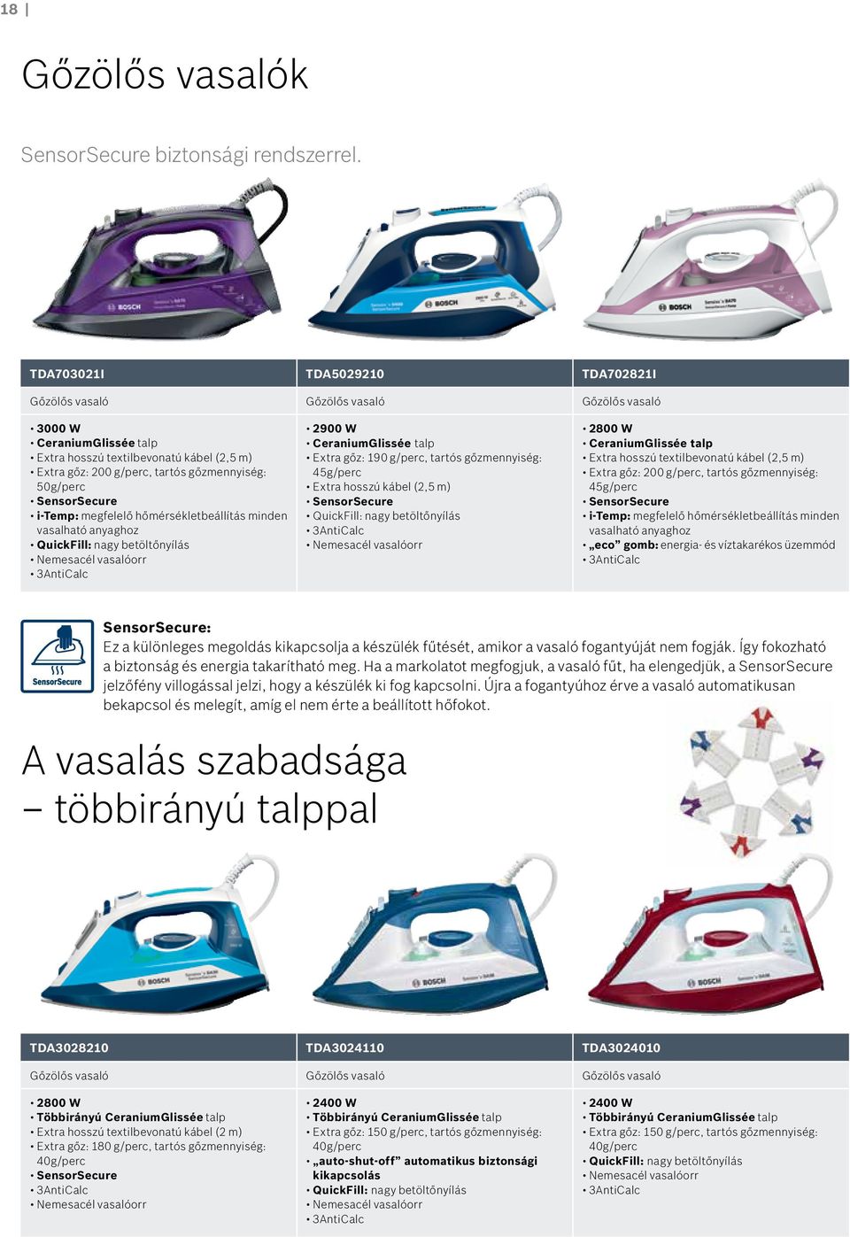 50g/perc SensorSecure i-temp: megfelelő hőmérsékletbeállítás minden vasalható anyaghoz QuickFill: nagy betöltőnyílás 3AntiCalc 2900 W CeraniumGlissée talp Extra gőz: 190 g/perc, tartós gőzmennyiség: