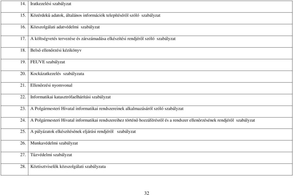 Ellenőrzési nyomvonal 22. Informatikai katasztrófaelhárítási szabályzat 23. A Polgármesteri Hivatal informatikai rendszereinek alkalmazásáról szóló szabályzat 24.