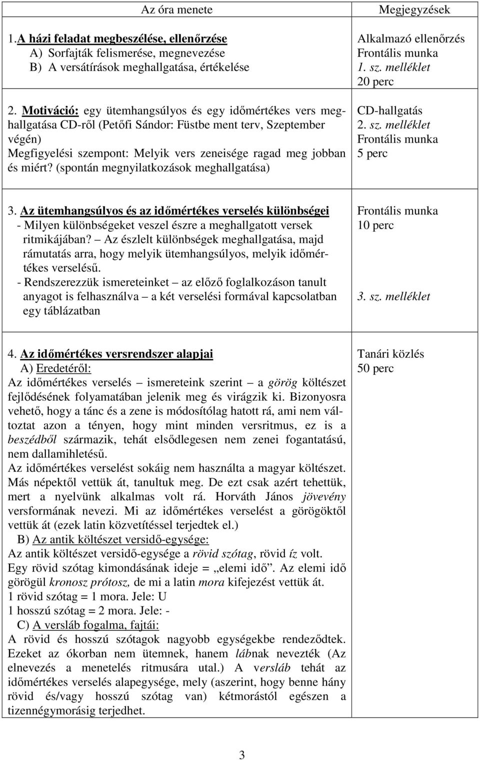 (spontán megnyilatkozások meghallgatása) Megjegyzések Alkalmazó ellenőrzés Frontális munka 1. sz. melléklet 20 perc CD-hallgatás 2. sz. melléklet Frontális munka 5 perc 3.