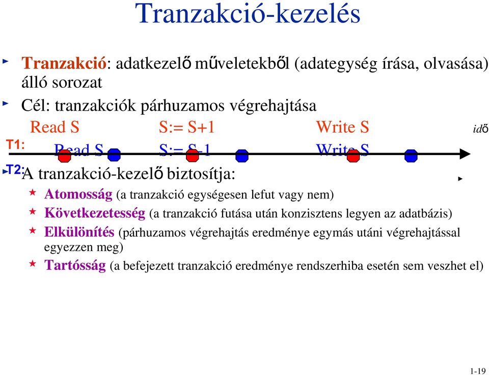 egységesen lefut vagy nem) Következetesség (a tranzakció futása után konzisztens legyen az adatbázis) Elkülönítés (párhuzamos