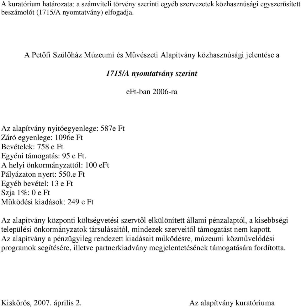 Ft Egyéni támogatás: 95 e Ft. A helyi önkormányzattól: 100 eft Pályázaton nyert: 550.