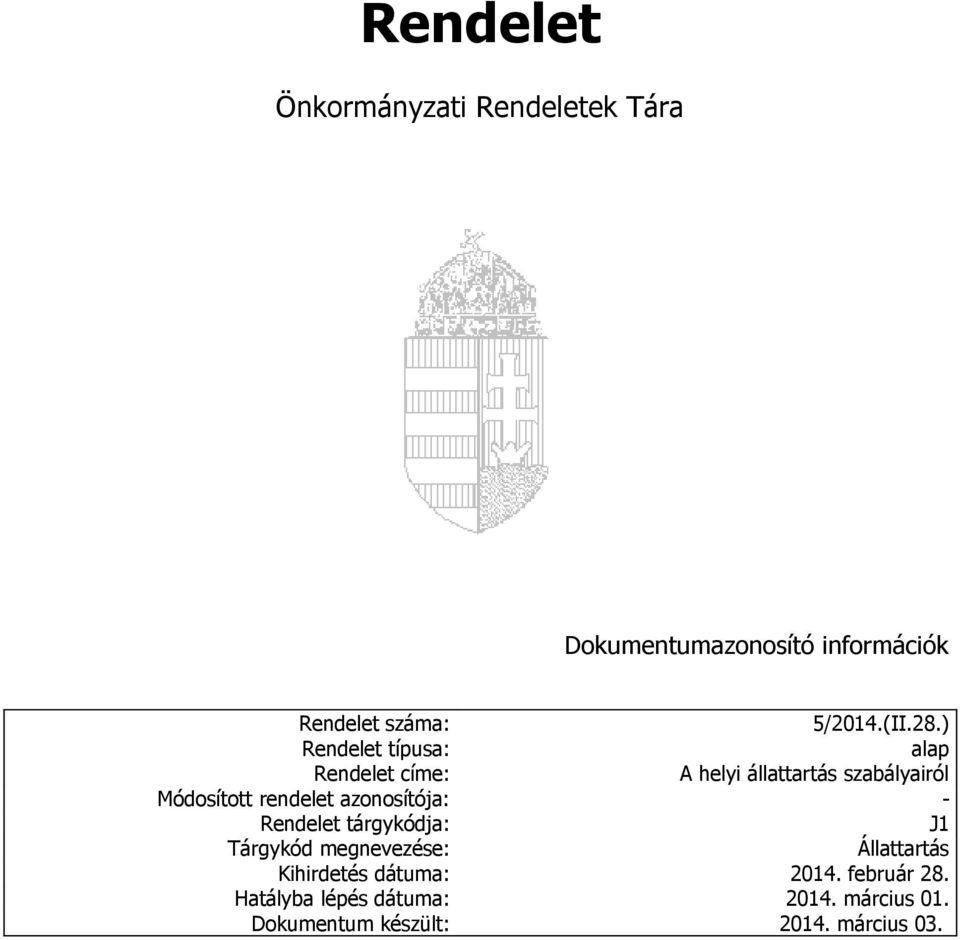 ) Rendelet típusa: alap Rendelet címe: A helyi állattartás szabályairól Módosított rendelet