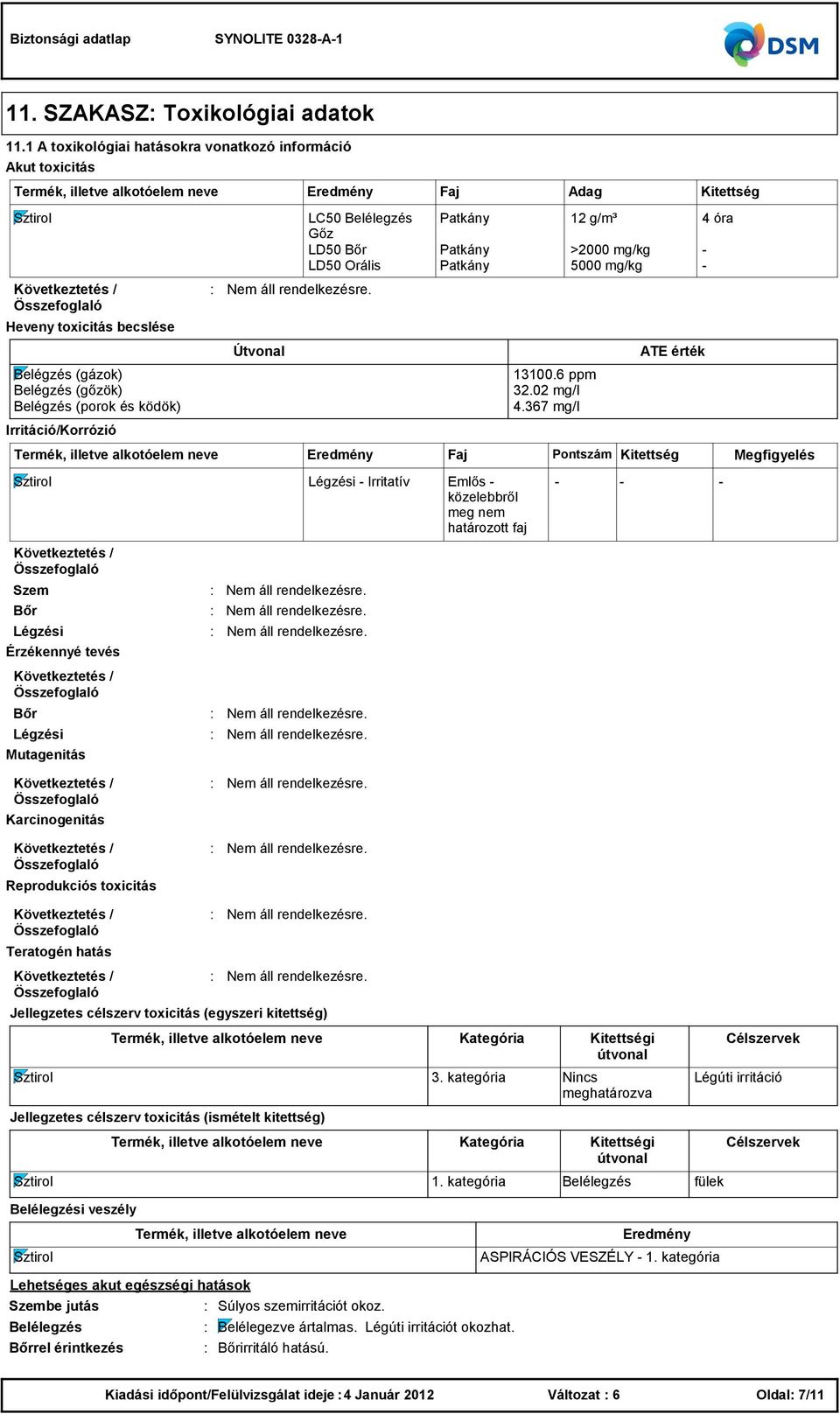 (porok és ködök) Irritáció/Korrózió Útvonal Szem Bőr Légzési 13100.6 ppm 32.02 mg/l 4.