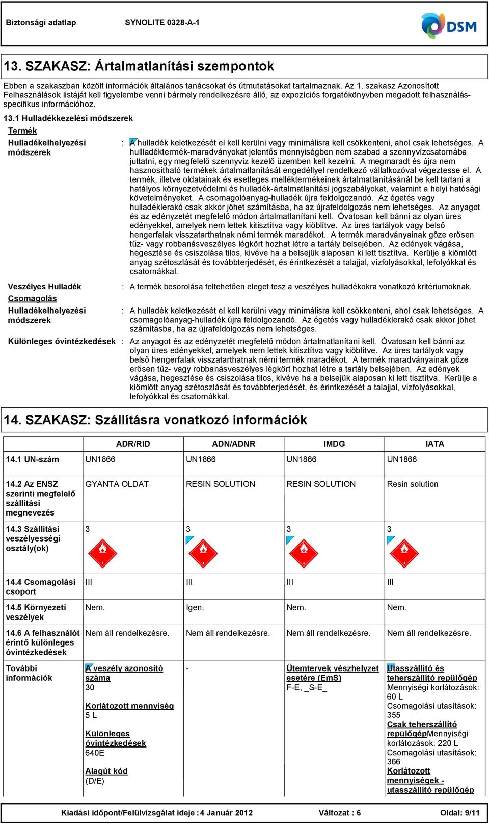 1 Hulladékkezelési módszerek Termék Hulladékelhelyezési módszerek Veszélyes Hulladék Csomagolás Hulladékelhelyezési módszerek Különleges óvintézkedések A hulladék keletkezését el kell kerülni vagy