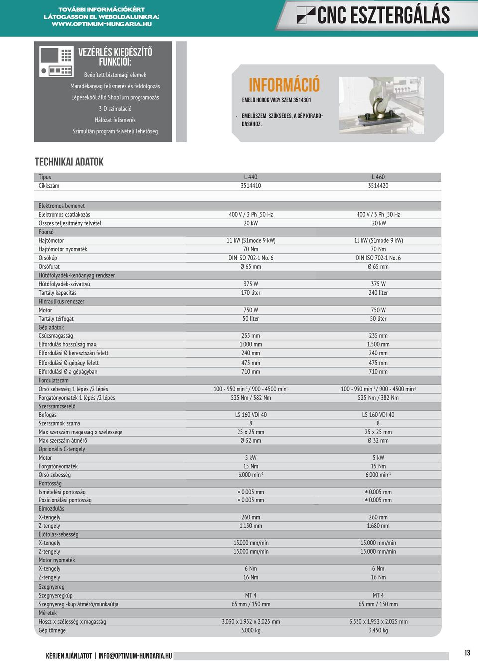 program felvételi lehetőség INFORMÁCIÓ Emelő horog vagy szem 3514301 Emelőszem szükséges, a gép kirakodásához.