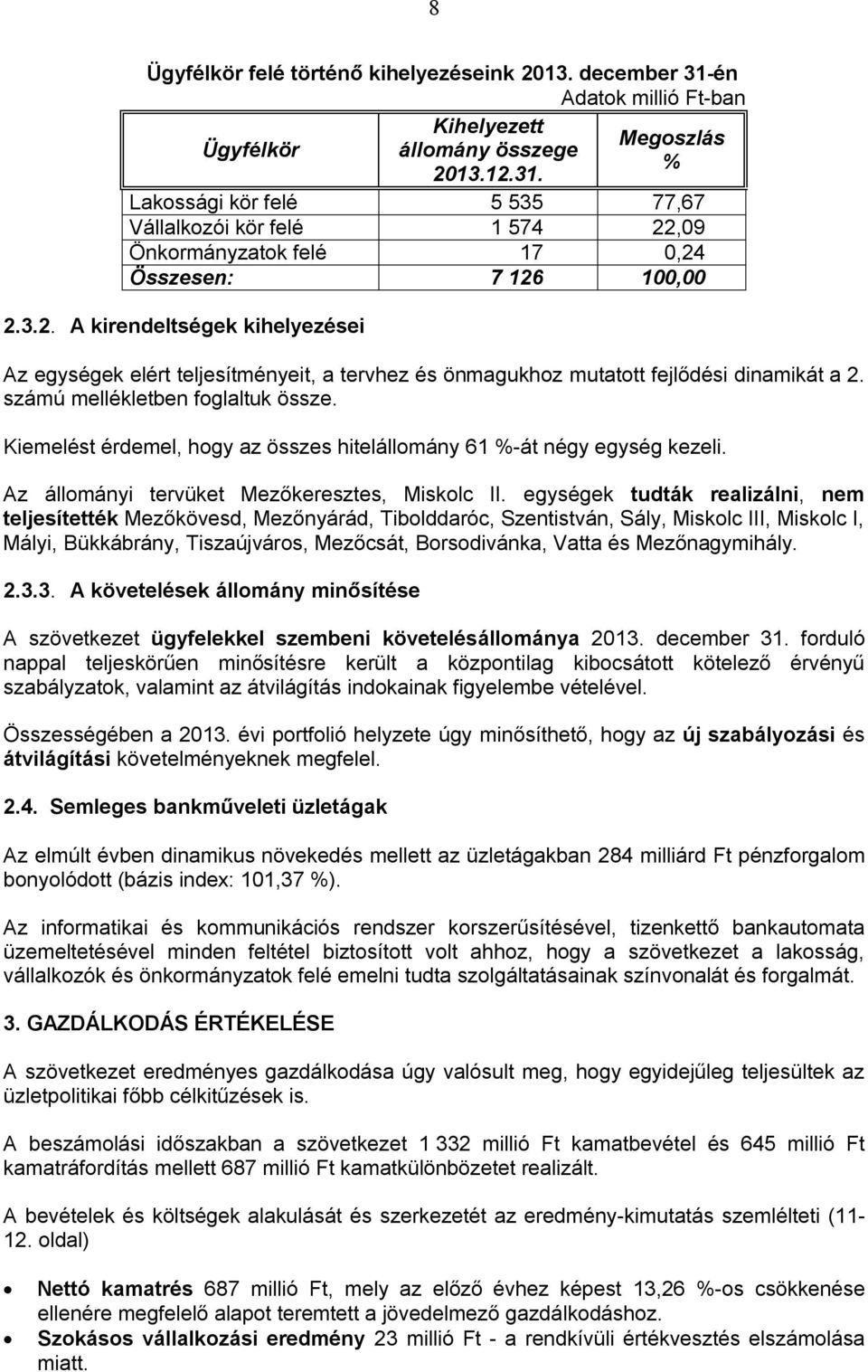 Kiemelést érdemel, hogy az összes hitelállomány 61 %-át négy egység kezeli. Az állományi tervüket Mezőkeresztes, Miskolc II.