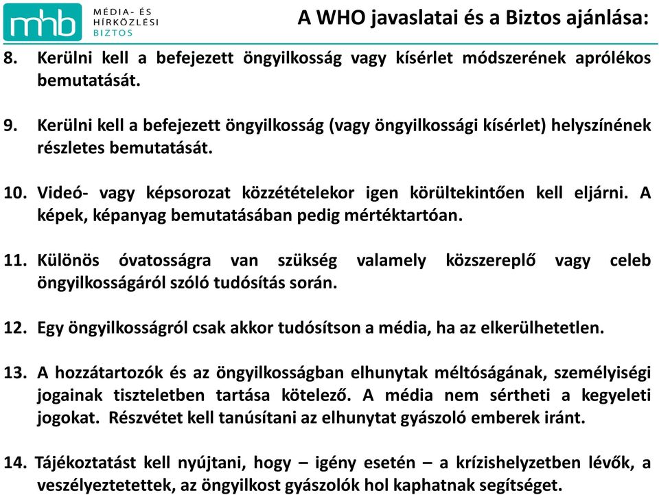 A képek, képanyag bemutatásában pedig mértéktartóan. 11. Különös óvatosságra van szükség valamely közszereplő vagy celeb öngyilkosságáról szóló tudósítás során. 12.