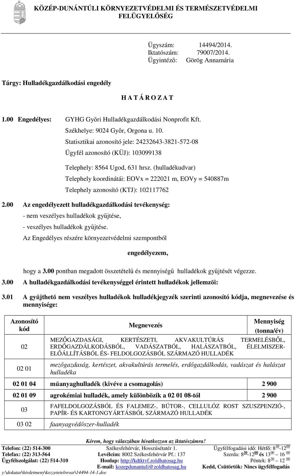 Statisztikai azonosító jele: 24232643-3821-572-08 Ügyfél azonosító (KÜJ): 103099138 Telephely: 8564 Ugod, 631 hrsz.