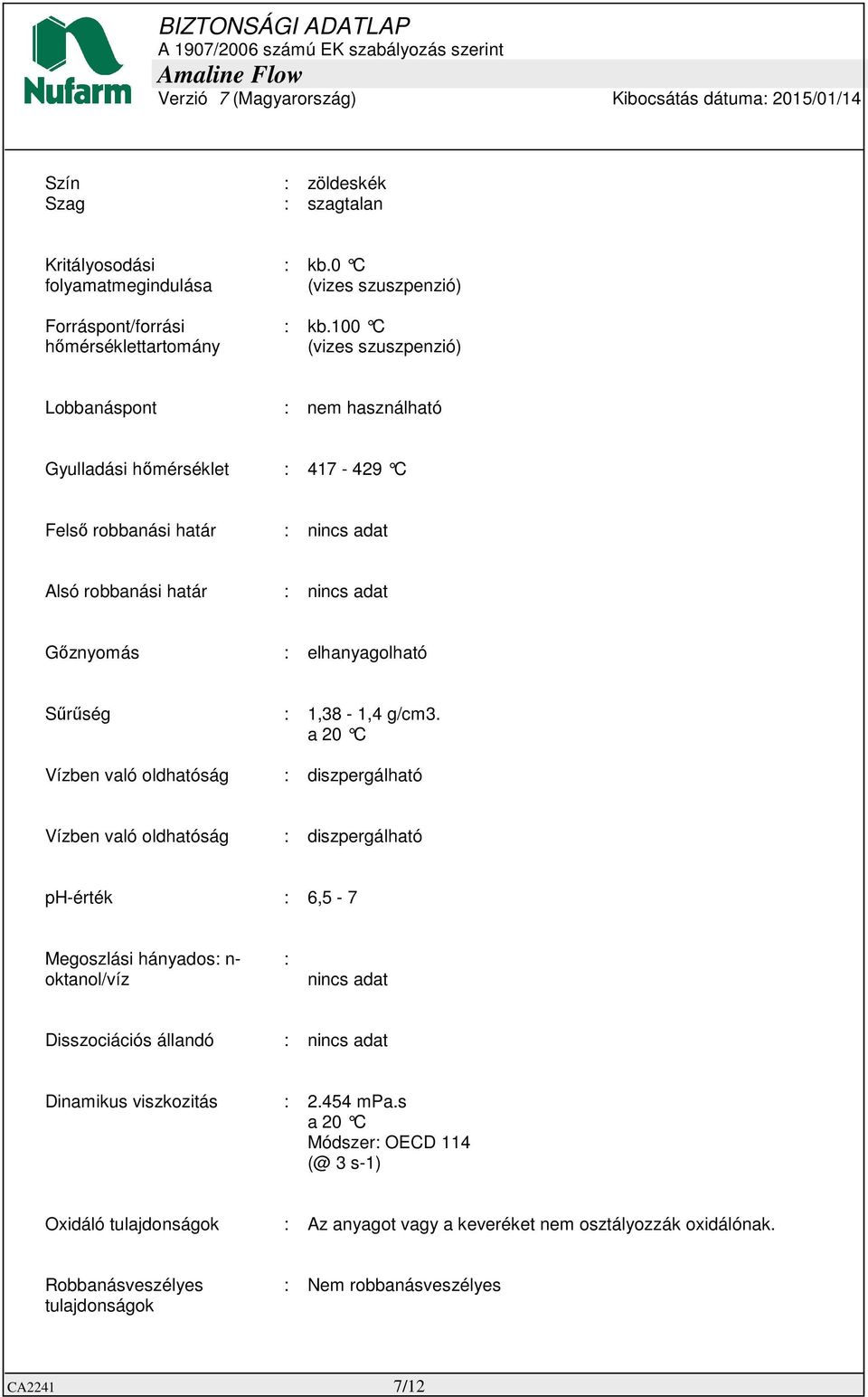 Sűrűség : 1,38-1,4 g/cm3.