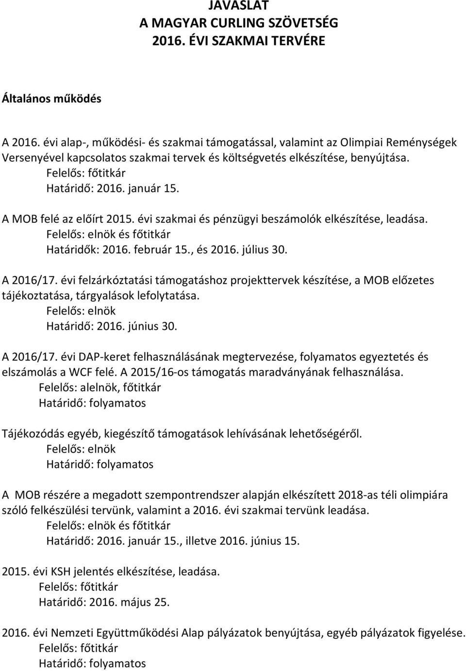 A MOB felé az előírt 2015. évi szakmai és pénzügyi beszámolók elkészítése, leadása. és főtitkár Határidők: 2016. február 15., és 2016. július 30. A 2016/17.