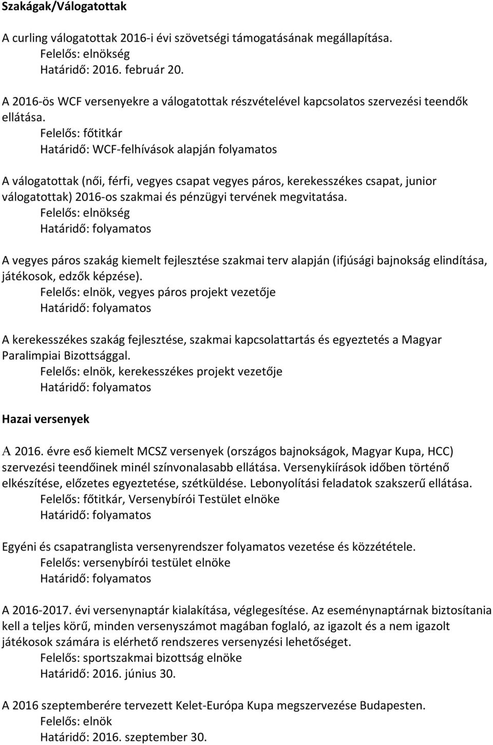 Határidő: WCF-felhívások alapján folyamatos A válogatottak (női, férfi, vegyes csapat vegyes páros, kerekesszékes csapat, junior válogatottak) 2016-os szakmai és pénzügyi tervének megvitatása.