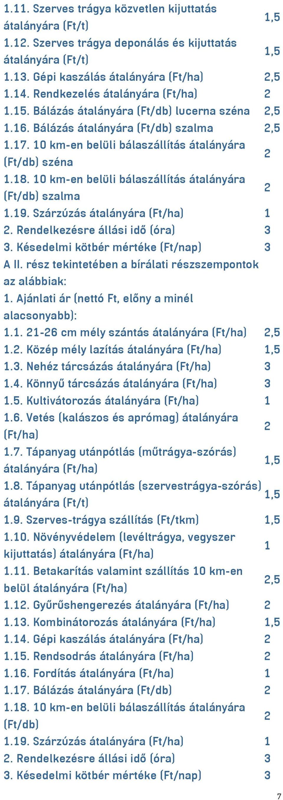 10 km-en belüli bálaszállítás átalányára (Ft/db) szalma 2 1.19. Szárzúzás átalányára (Ft/ha) 1 2. Rendelkezésre állási idő (óra) 3 3. Késedelmi kötbér mértéke (Ft/nap) 3 A II.