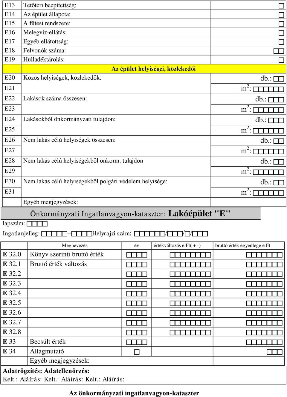 : E27 m 2 : E28 Nem lakás célú helyiségekből önkorm. tulajdon db.: E29 m 2 : E30 Nem lakás célú helyiségekből polgári védelem helyisége: db.