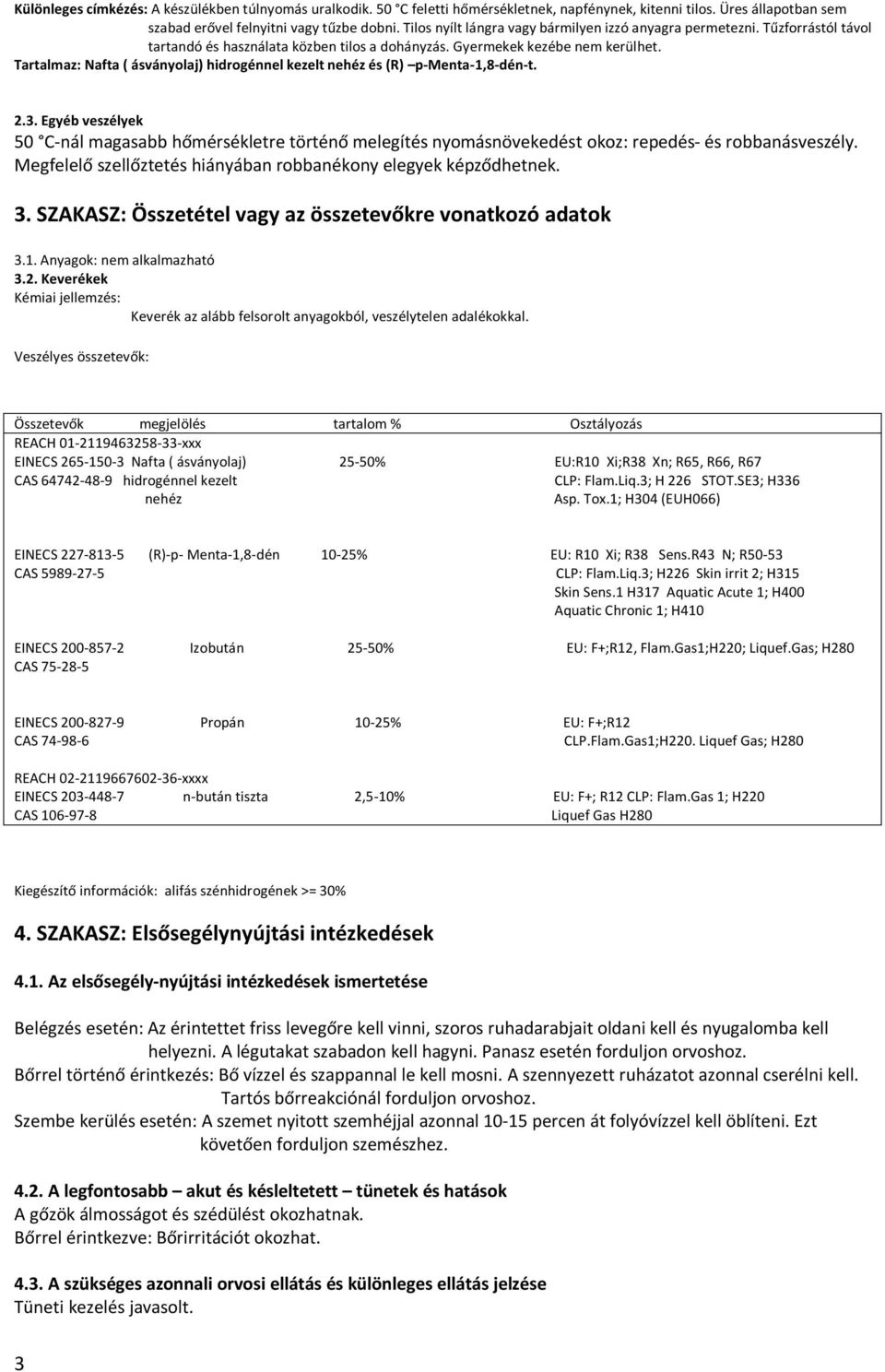 Tartalmaz: Nafta ( ásványolaj) hidrogénnel kezelt nehéz és (R) p-menta-1,8-dén-t. 2.3.