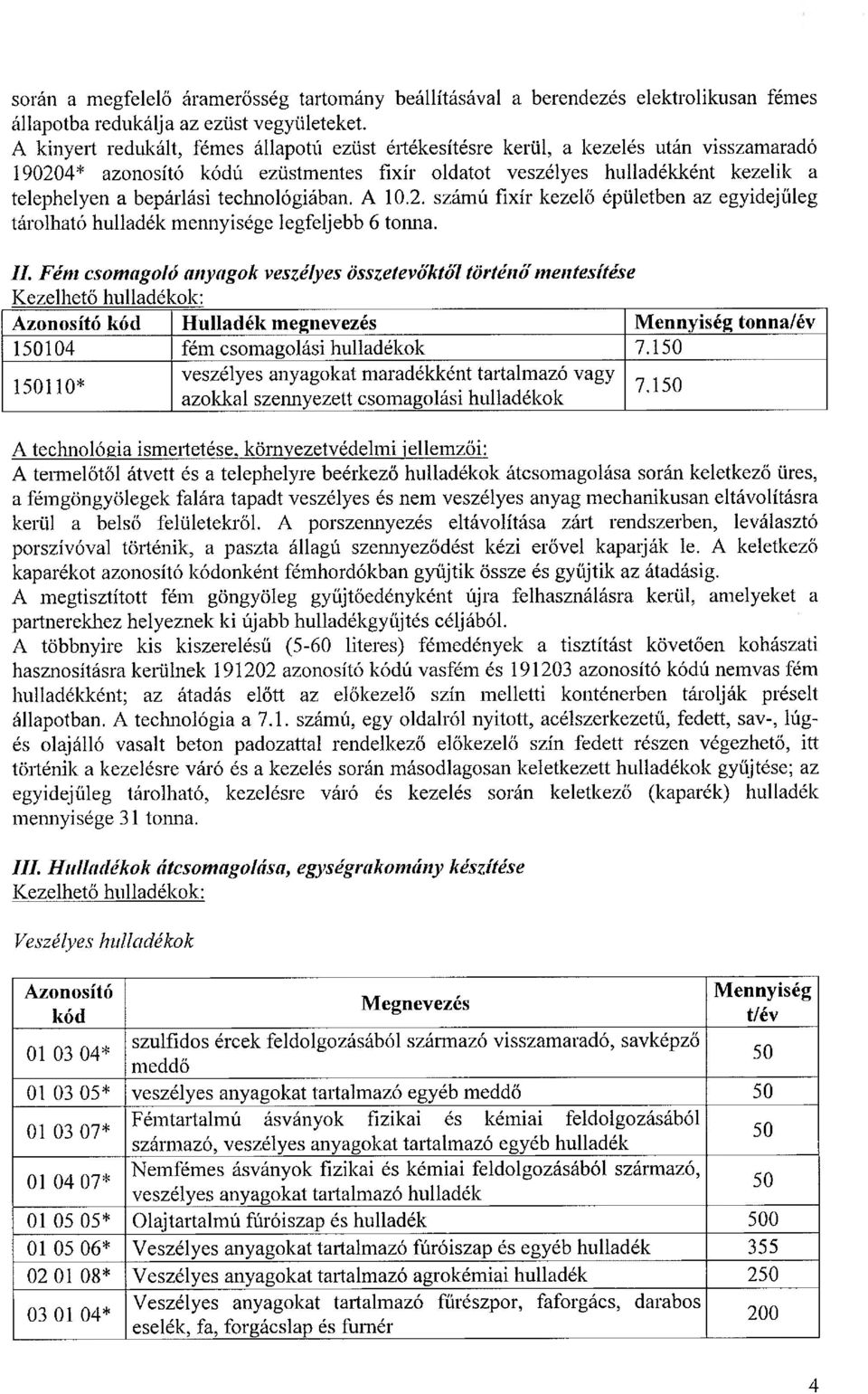 technológiában. A 10.2. számú fixír kezelő épületben az egyidejűleg tárolható hulladék mennyisége legfeljebb 6 tonna. II.