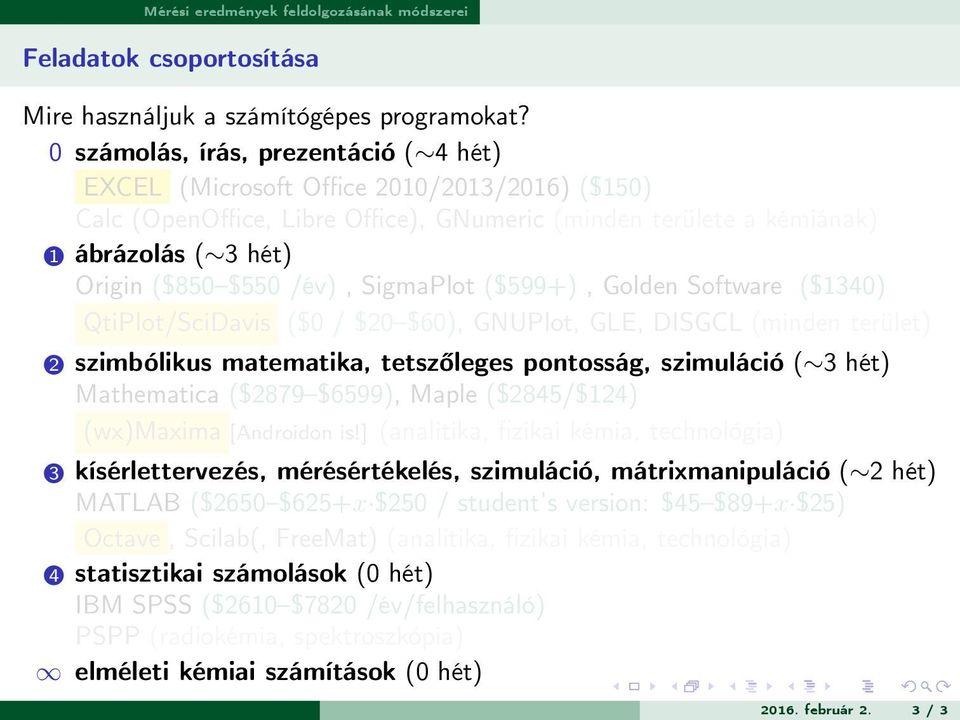 /év), SigmaPlot ($599+), Golden Software ($1340) QtiPlot/SciDavis ($0 / $20 $60), GNUPlot, GLE, DISGCL (minden terület) 2 szimbólikus matematika, tetszőleges pontosság, szimuláció ( 3 hét)