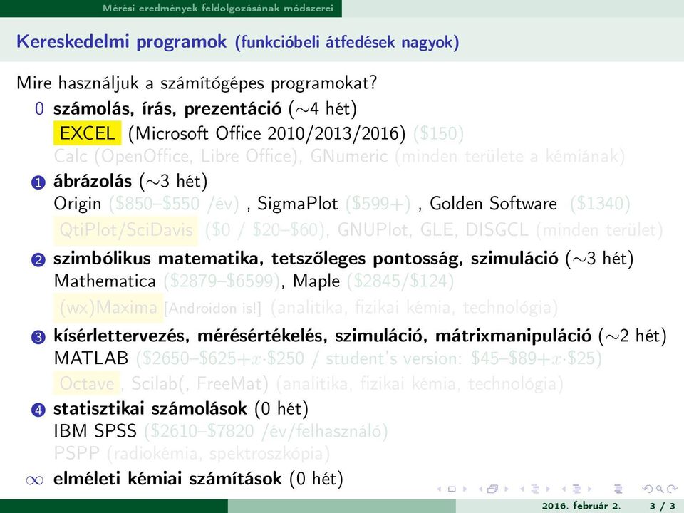 /év), SigmaPlot ($599+), Golden Software ($1340) QtiPlot/SciDavis ($0 / $20 $60), GNUPlot, GLE, DISGCL (minden terület) 2 szimbólikus matematika, tetszőleges pontosság, szimuláció ( 3 hét)