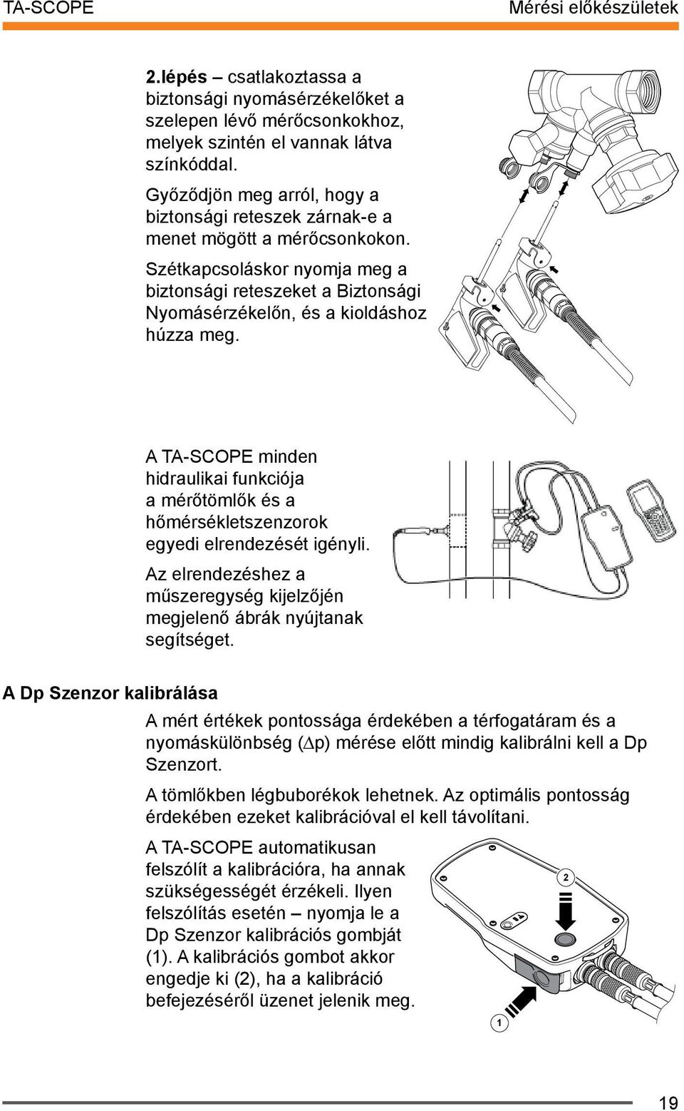 A TA-SCOPE minden hidraulikai funkciója a mérőtömlők és a hőmérsékletszenzorok egyedi elrendezését igényli. Az elrendezéshez a műszeregység kijelzőjén megjelenő ábrák nyújtanak segítséget.