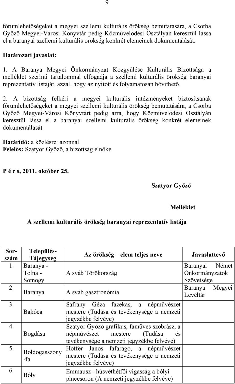 A Önkormányzat Közgyűlése Kulturális Bizottsága a melléklet szerinti tartalommal elfogadja a szellemi kulturális örökség baranyai reprezentatív listáját, azzal, hogy az nyitott és folyamatosan