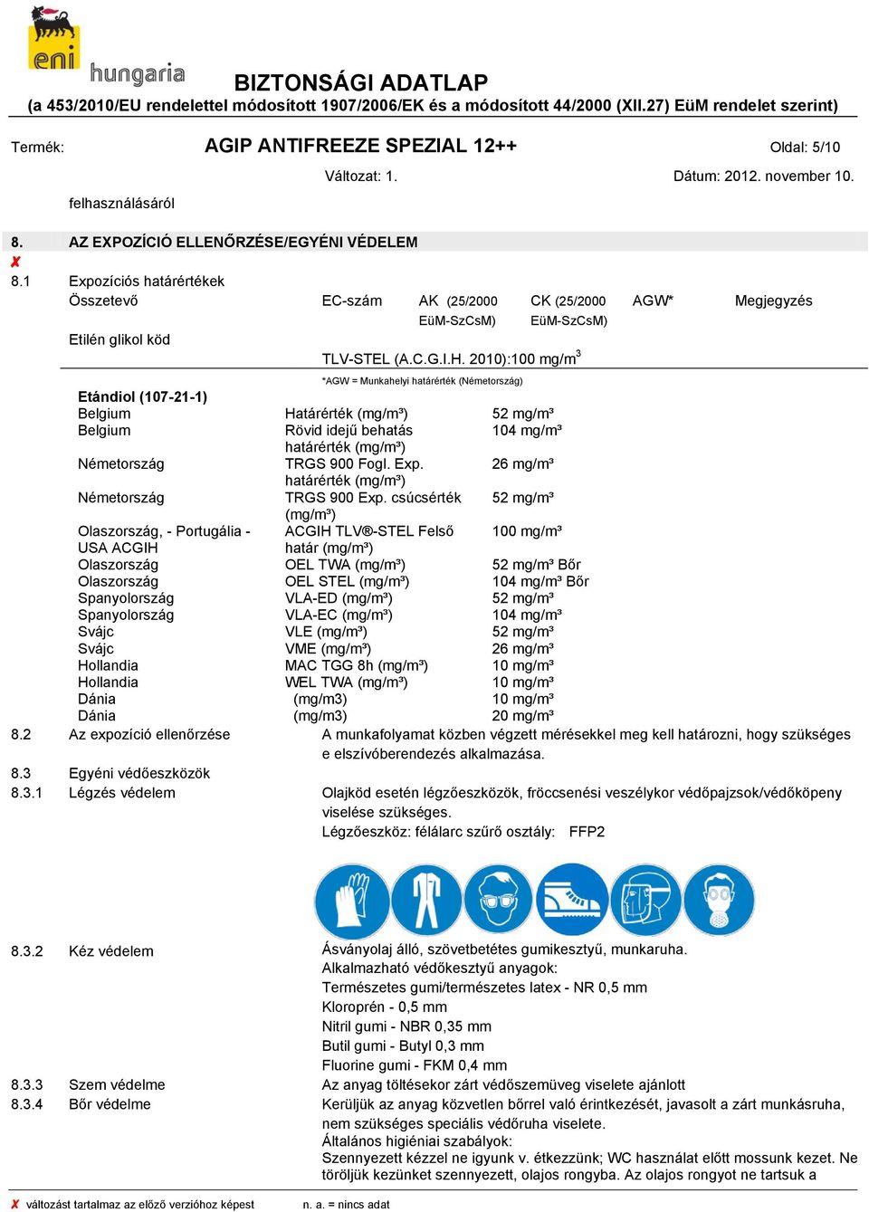 2010):100 mg/m 3 *AGW = Munkahelyi határérték (Németország) AGW* Megjegyzés Etándiol (107-21-1) Belgium Határérték (mg/m³) 52 mg/m³ Belgium Rövid idejű behatás 104 mg/m³ határérték (mg/m³)
