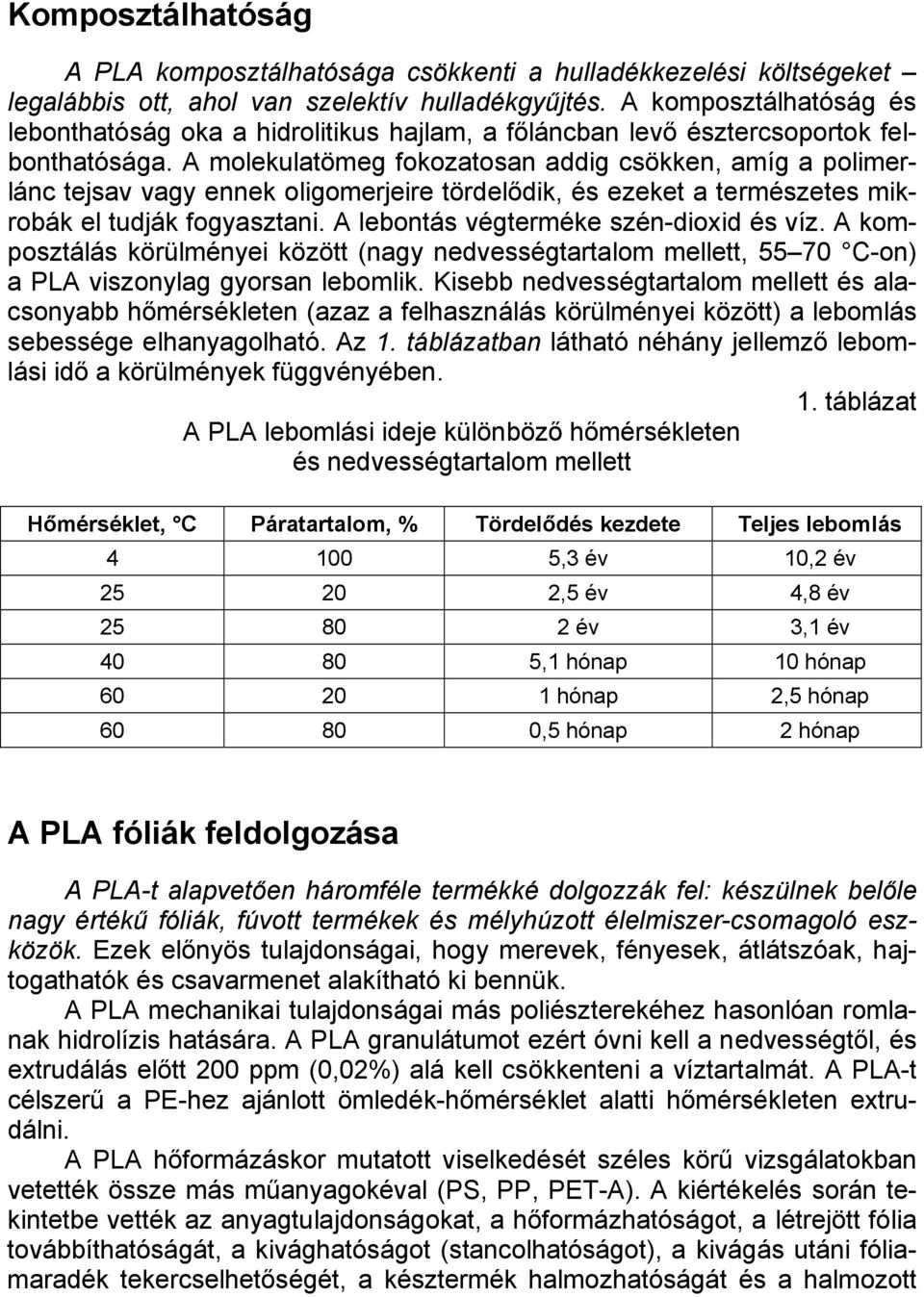 A molekulatömeg fokozatosan addig csökken, amíg a polimerlánc tejsav vagy ennek oligomerjeire tördelődik, és ezeket a természetes mikrobák el tudják fogyasztani.