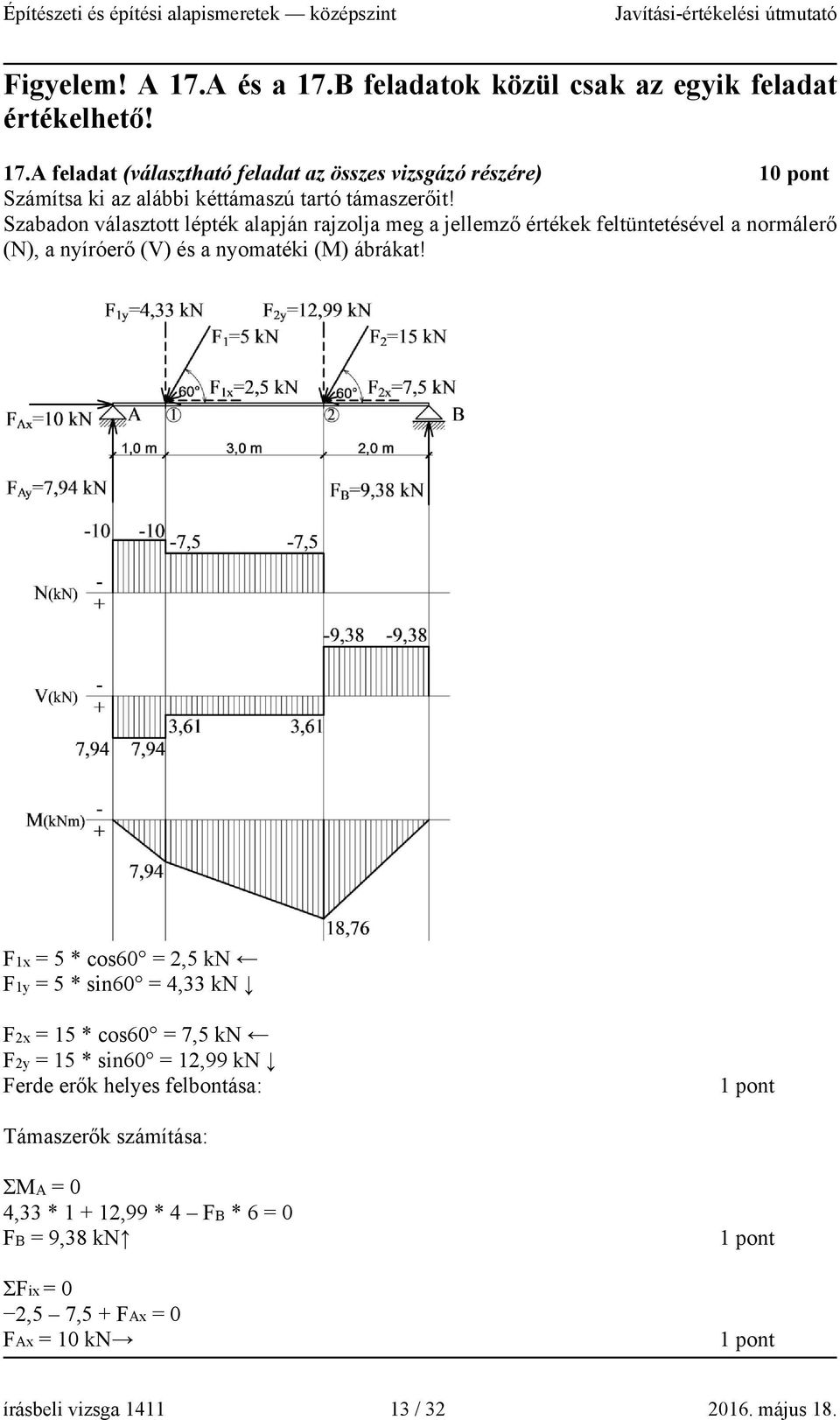 F1x = 5 * cos60 = 2,5 kn F1y = 5 * sin60 = 4,33 kn F2x = 15 * cos60 = 7,5 kn F2y = 15 * sin60 = 12,99 kn Ferde erők helyes felbontása: Támaszerők számítása: