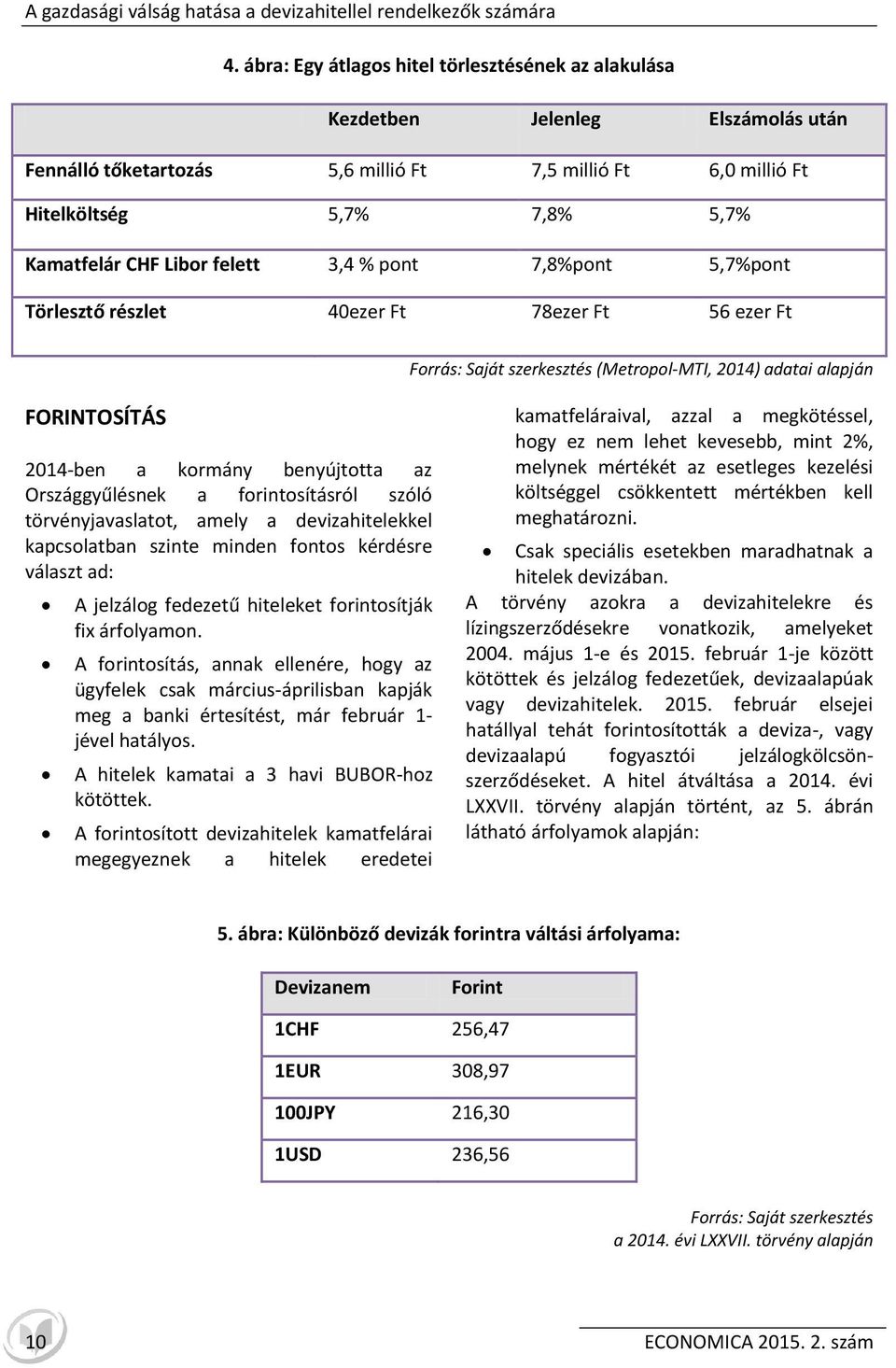 felett 3,4 % pont 7,8%pont 5,7%pont Törlesztő részlet 40ezer Ft 78ezer Ft 56 ezer Ft Forrás: Saját szerkesztés (Metropol-MTI, 2014) adatai alapján FORINTOSÍTÁS 2014-ben a kormány benyújtotta az