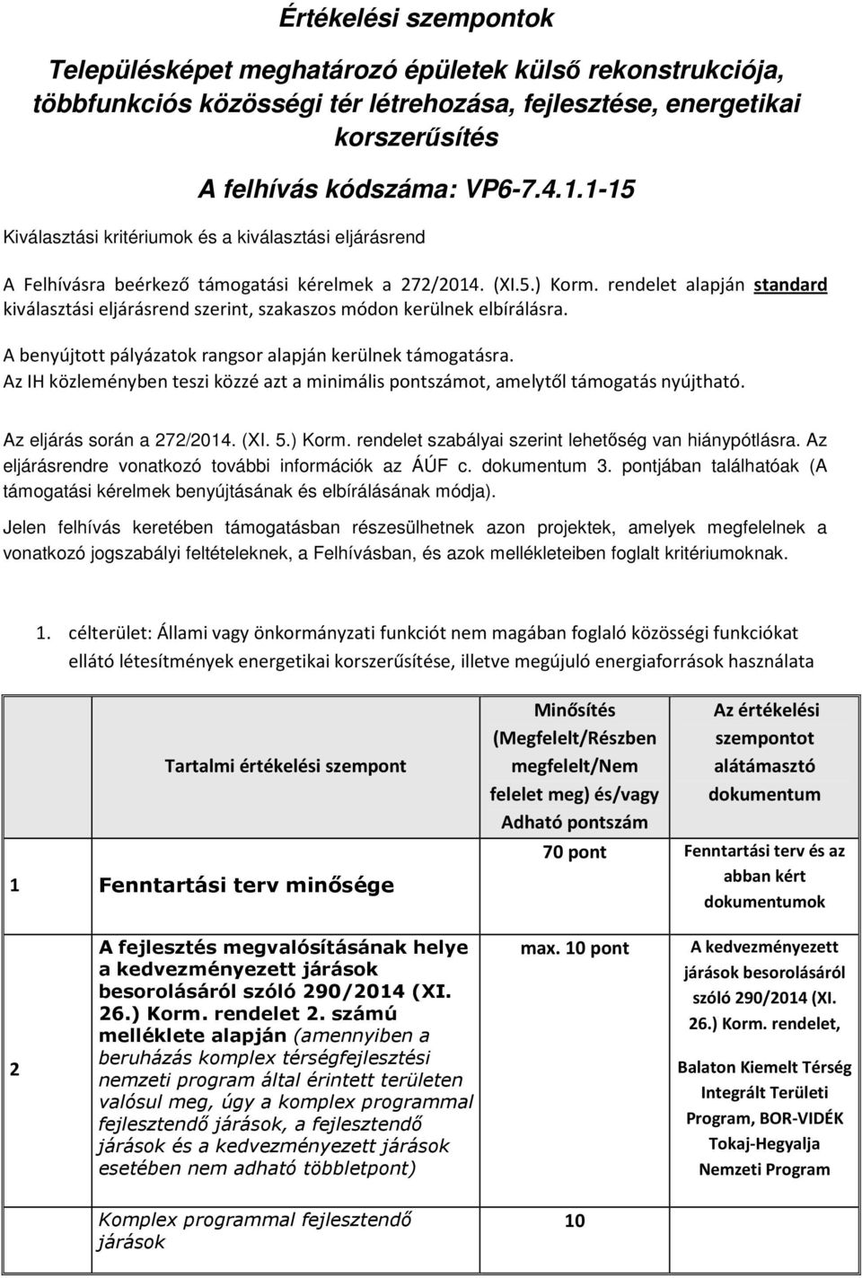 rendelet alapján standard kiválasztási eljárásrend szerint, szakaszos módon kerülnek elbírálásra. A benyújtott pályázatok rangsor alapján kerülnek támogatásra.