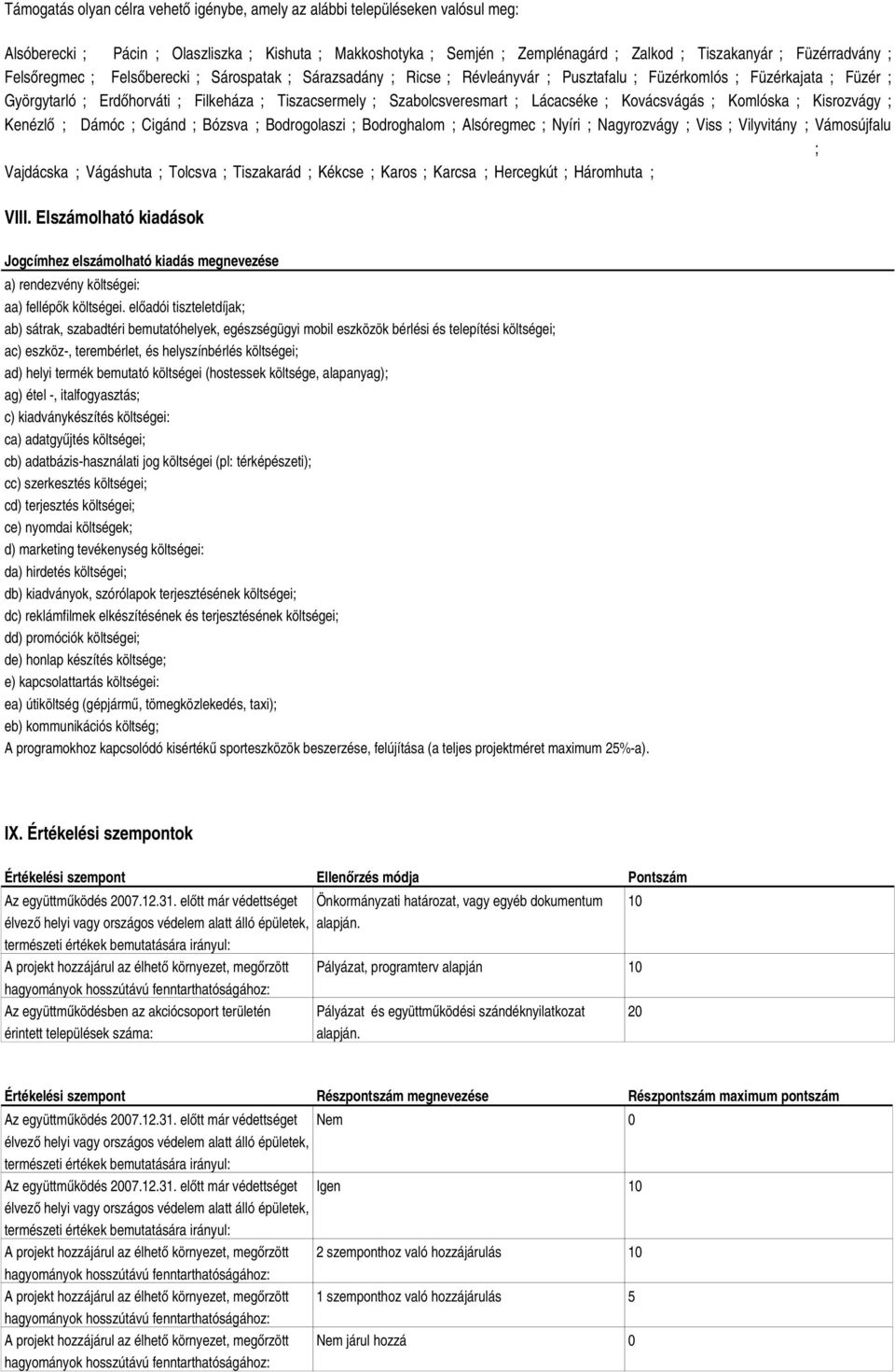 Szabolcsveresmart ; Lácacséke ; Kovácsvágás ; Komlóska ; Kisrozvágy ; Kenézlő ; Dámóc ; Cigánd ; Bózsva ; Bodrogolaszi ; Bodroghalom ; Alsóregmec ; Nyíri ; Nagyrozvágy ; Viss ; Vilyvitány ;