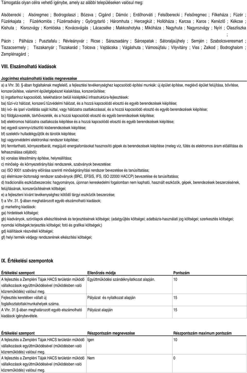 Lácacséke ; Makkoshotyka ; Mikóháza ; Nagyhuta ; Nagyrozvágy ; Nyíri ; Olaszliszka ; Pácin ; Pálháza ; Pusztafalu ; Révleányvár ; Ricse ; Sárazsadány ; Sárospatak ; Sátoraljaújhely ; Semjén ;