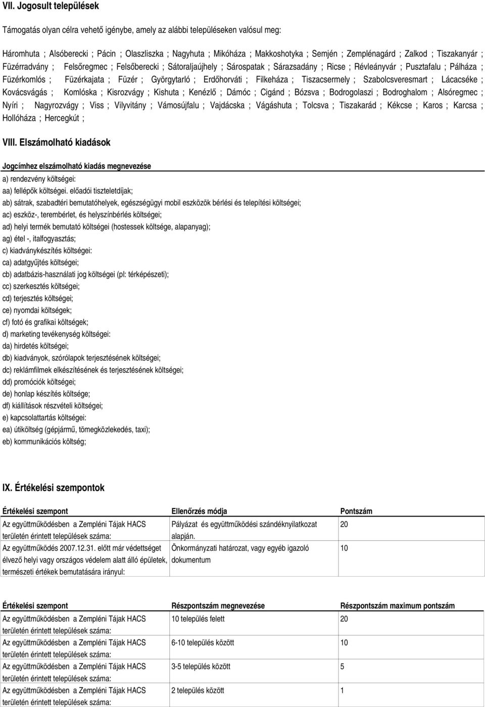 ; Füzér ; Györgytarló ; Erdőhorváti ; Filkeháza ; Tiszacsermely ; Szabolcsveresmart ; Lácacséke ; Kovácsvágás ; Komlóska ; Kisrozvágy ; Kishuta ; Kenézlő ; Dámóc ; Cigánd ; Bózsva ; Bodrogolaszi ;