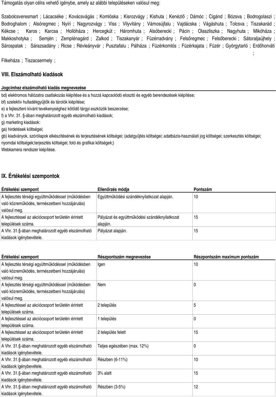 Háromhuta ; Alsóberecki ; Pácin ; Olaszliszka ; Nagyhuta ; Mikóháza ; Makkoshotyka ; Semjén ; Zemplénagárd ; Zalkod ; Tiszakanyár ; Füzérradvány ; Felsőregmec ; Felsőberecki ; Sátoraljaújhely ;