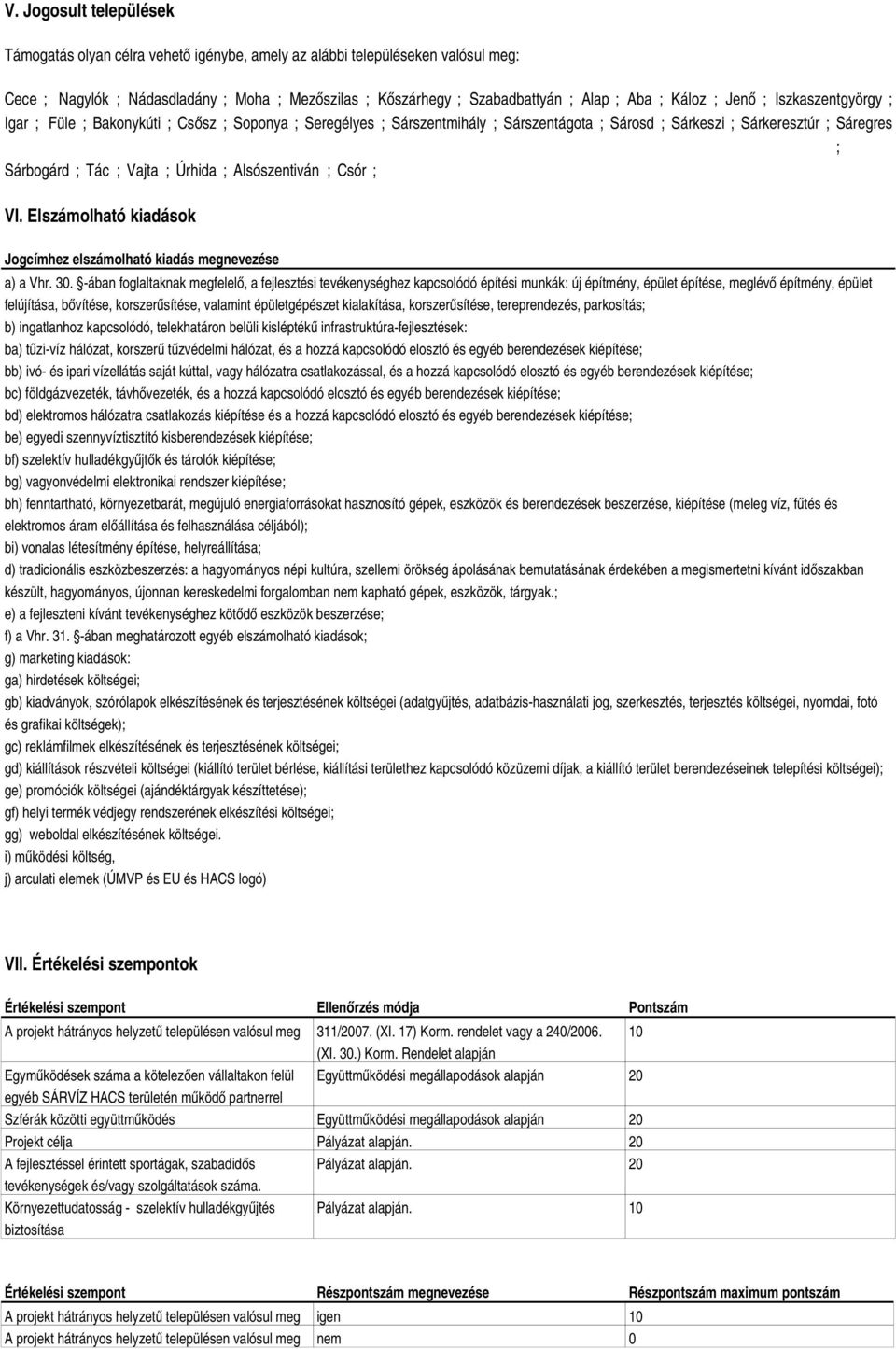 Úrhida ; Alsószentiván ; Csór ; VI. Elszámolható kiadások Jogcímhez elszámolható kiadás megnevezése a) a Vhr. 30.