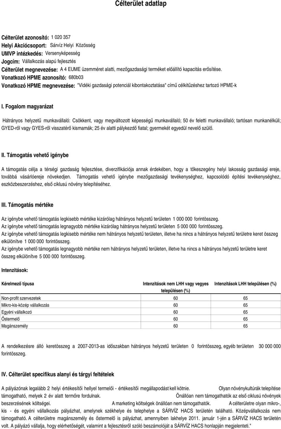 Vonatkozó HPME azonosító: 680b03 Vonatkozó HPME megnevezése: "Vidéki gazdasági potenciál kibontakoztatása" című célkitűzéshez tartozó HPME-k I.