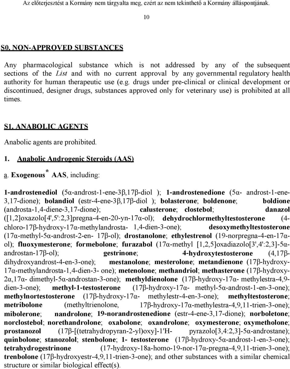 for human therapeutic use (e.g. drugs under pre-clinical or clinical development or discontinued, designer drugs, substances approved only for veterinary use) is prohibited at all times. S1.