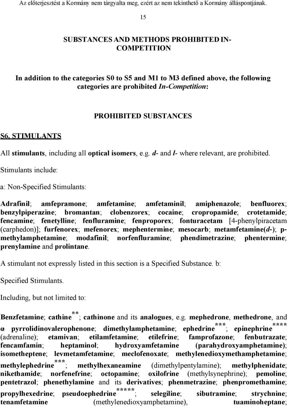 Stimulants include: a: Non-Specified Stimulants: Adrafinil; amfepramone; amfetamine; amfetaminil; amiphenazole; benfluorex; benzylpiperazine; bromantan; clobenzorex; cocaine; cropropamide;